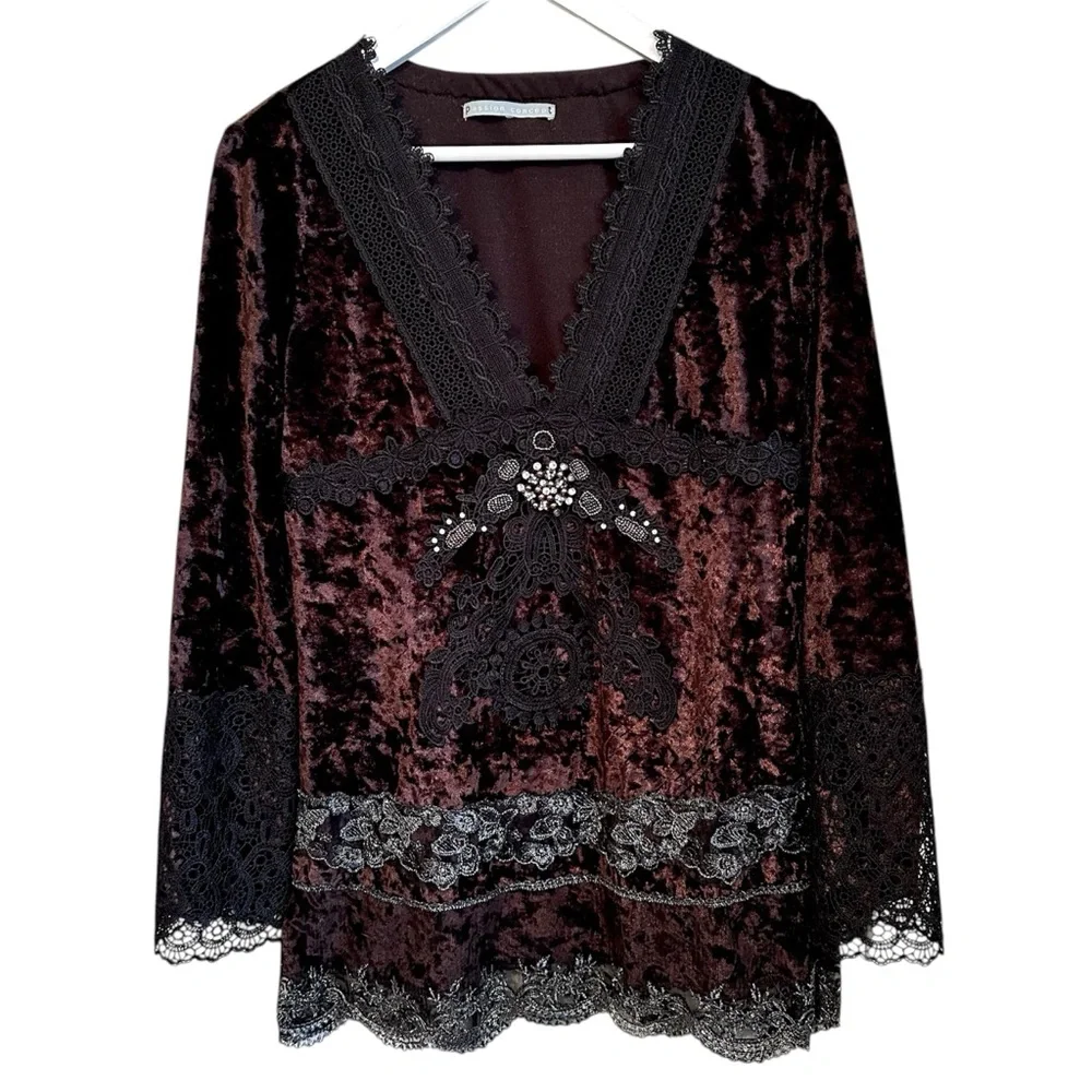 Brown Velvet Black Lace Embellished Beaded Fairycore Top Vintage Y2K - Picture 2 of 8